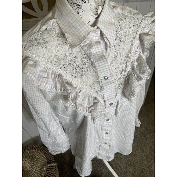 Vintage Rockmount Ranch Wear Womens Lace Pearl Snap Western Shirt Pastel Medium - Picture 2 of 6